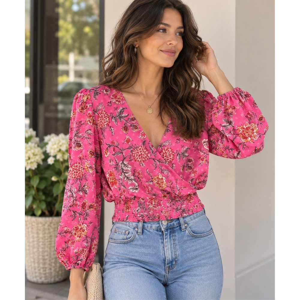 Joie Pink Floral Blouse M Surplice V Neck Balloon Sleeve Clip Dot Top